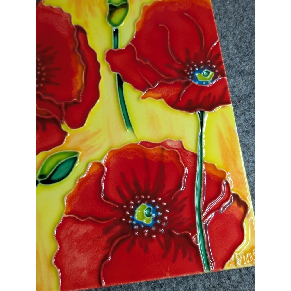 Vintage Ceramic Art Tile Poppies Hand Painted With Stand Vibrant Signed By PING - Picture 4 of 7